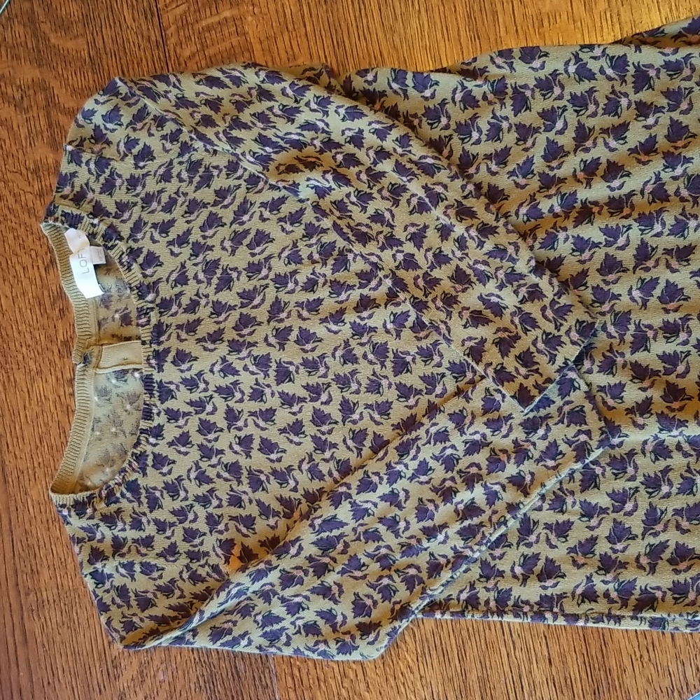 Olive green sweater with purple design